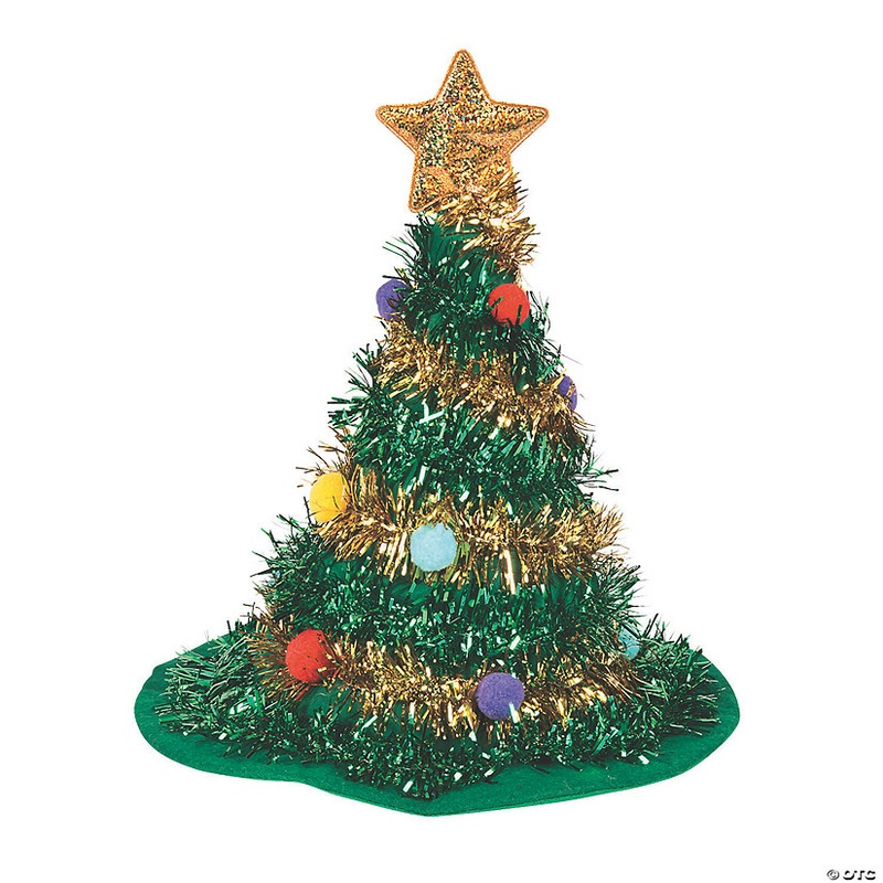 25 1/2 x 14 Tinsel Christmas Tree-Shaped Green & Gold Felt Hat