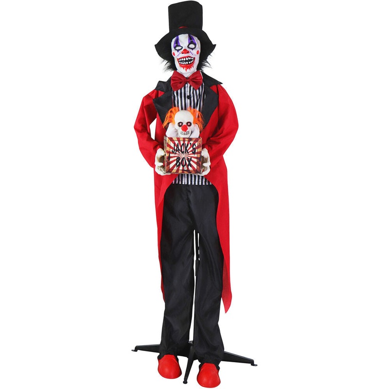 Haunted Hill Farm – Standing Clown and Animatronic Talking Skull Clown in a Box for Scary Halloween Decoration