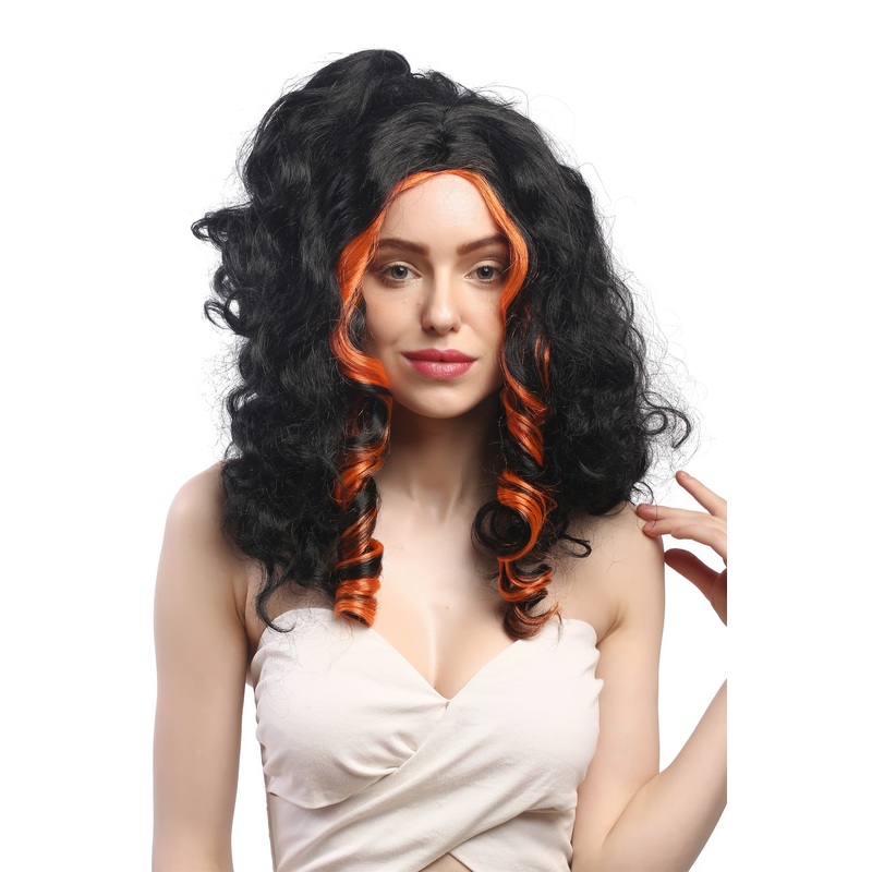 Lady wig Halloween curls curly middle parting black orange strands Vamp 31703