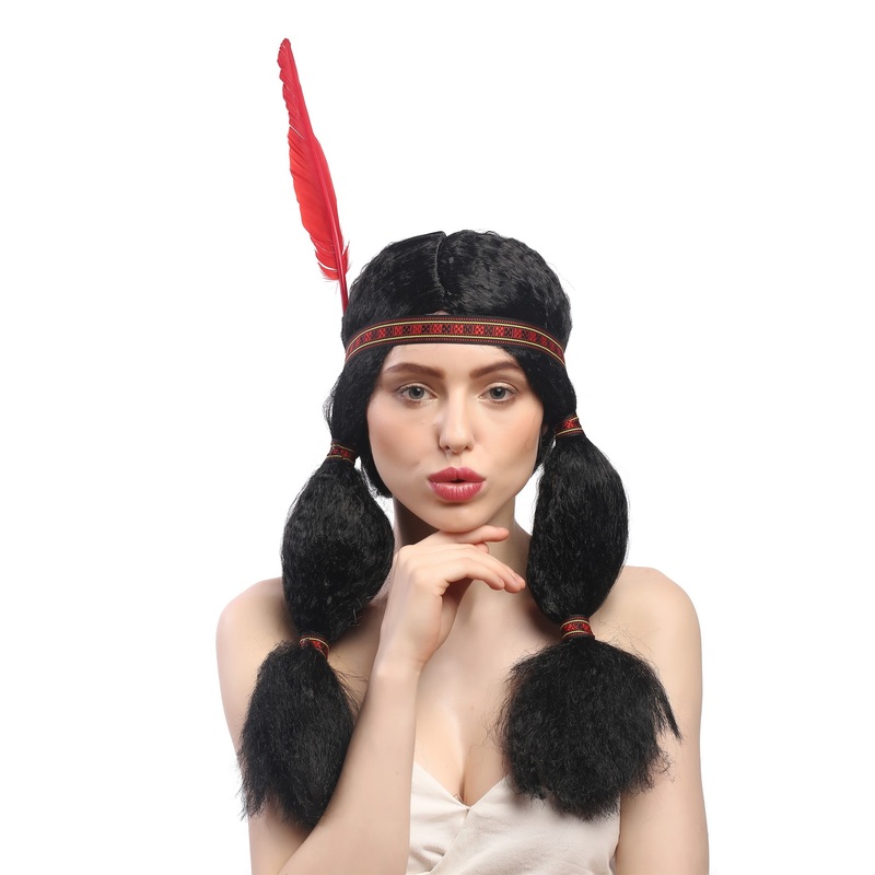 Lady Wig Native American Apache Sioux Girl black 2 plaits headband feather 91224