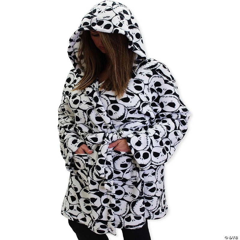 The Nightmare Before Christmas Jack Skellington Adult Plush Hooded Fleece Robe (Small/Medium, White)