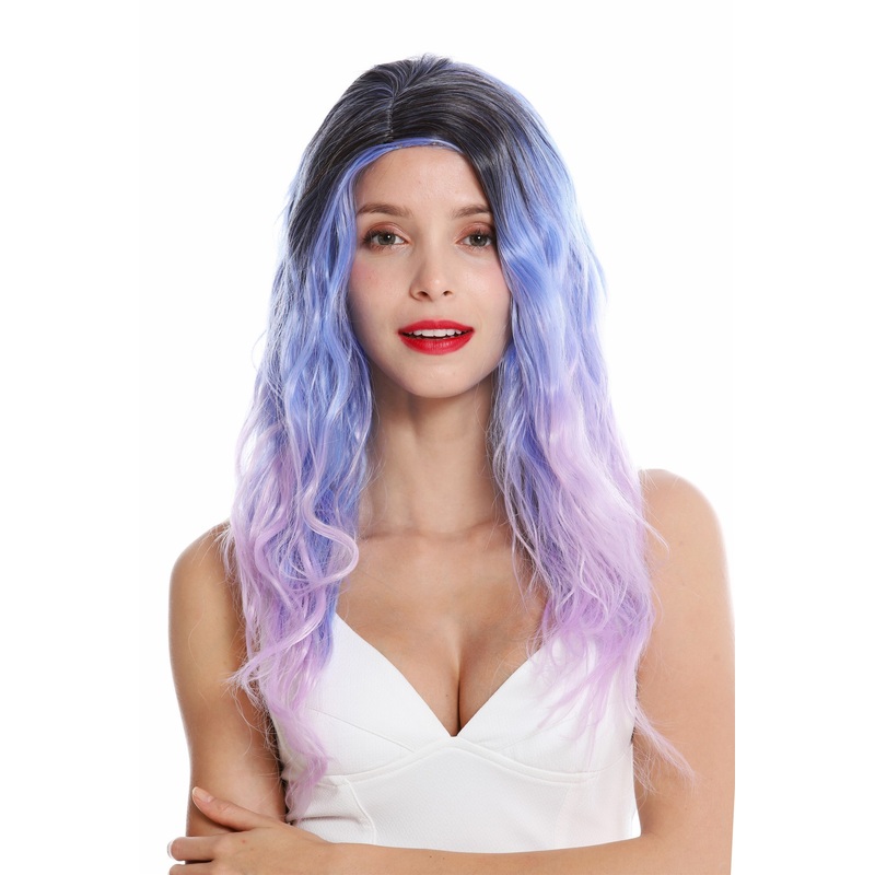 Women’s wig long wavy middle parting balayage ombre black blue violet GFW2929