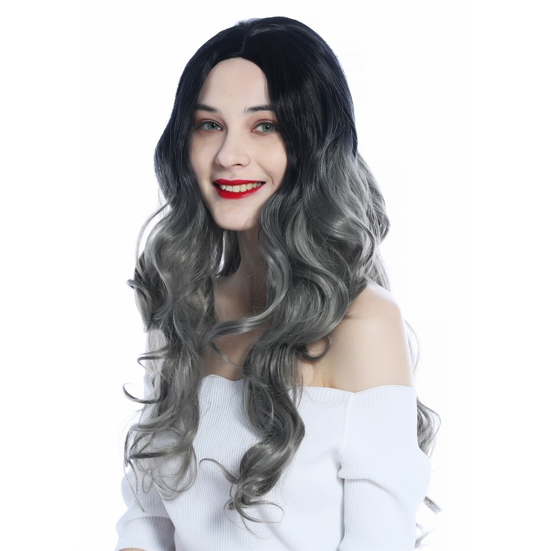 Ladies’ Wig very long slightly curled middle-parting ombre black to grey ZM-1029