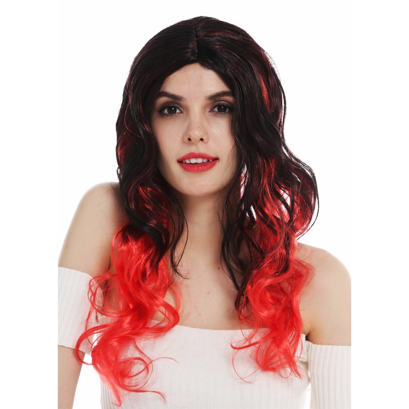 Wig Halloween women long middle parting wavy black red tips devil witch DEC203