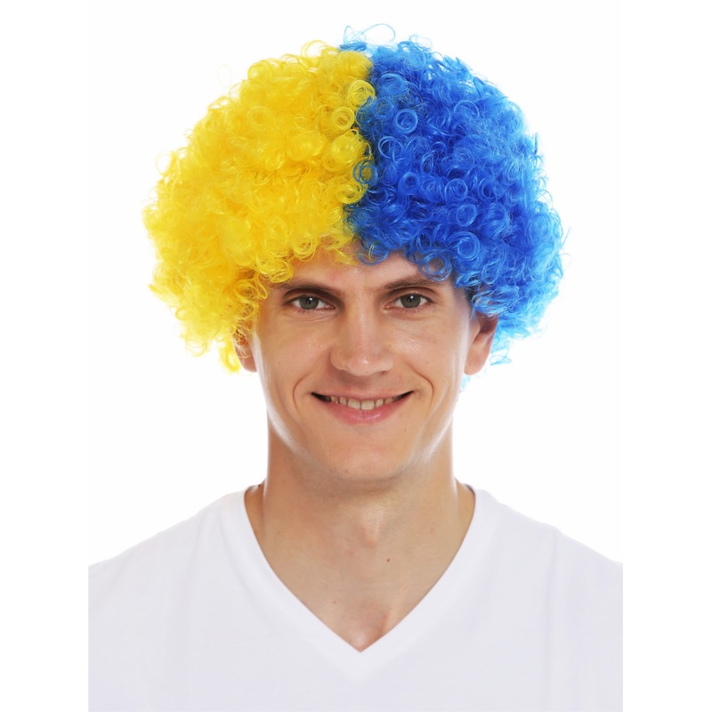 Fan wig carnival afro soccer football world cup yellow blue half half MMAM-15M