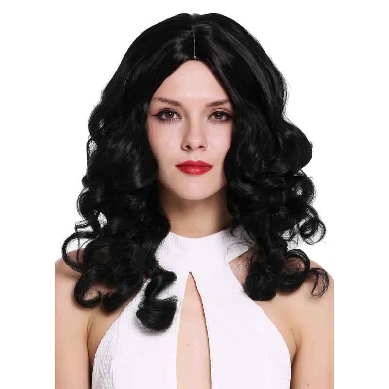 Lady Woman Wig long curled noble baroque ringlets middle parting black 6069