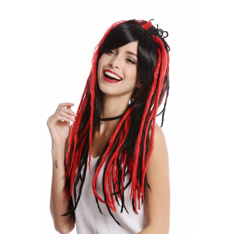 Lady wig Cosplay long straight parting rasta dreadlocks black and red GF-W2416