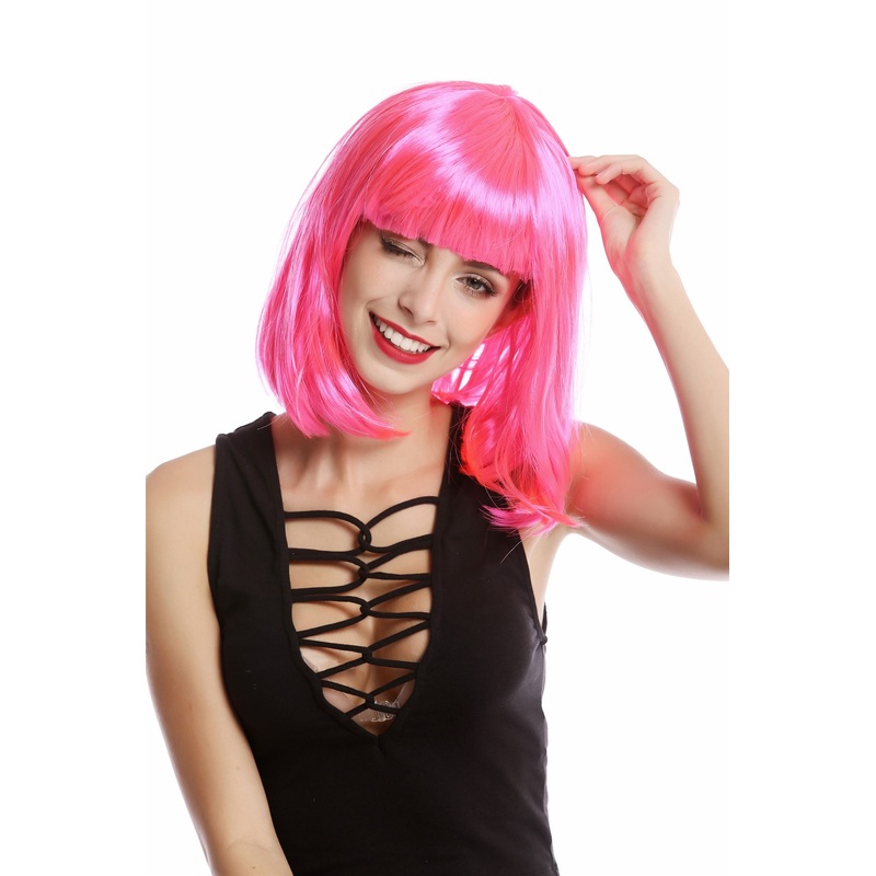 Lady Wig Halloween Carnival Disco bob longbob shoulder length bangs pink 0073