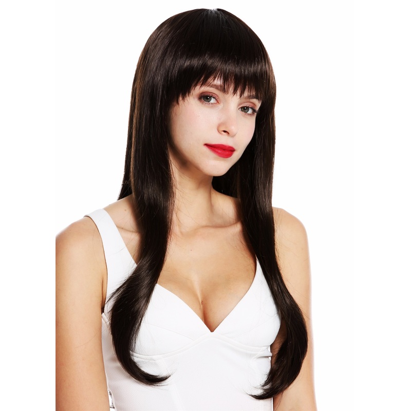 Lady wig long straight slightly waved long fringe parted chocolate brown VK-30