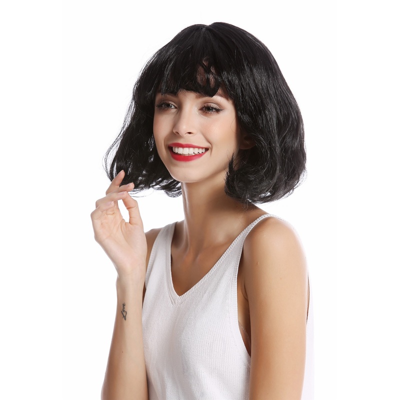 Wig Lady Women Halloween short Longbob Bob black curving tips bangs fringe 90793
