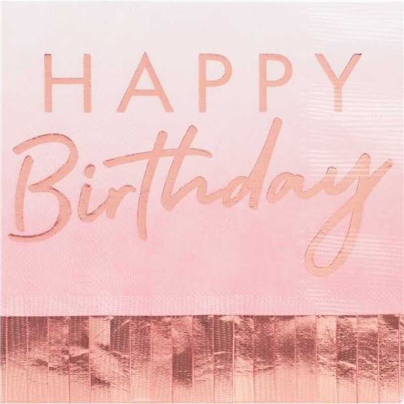 16 rose gold Birthday fringed napkins 33cm