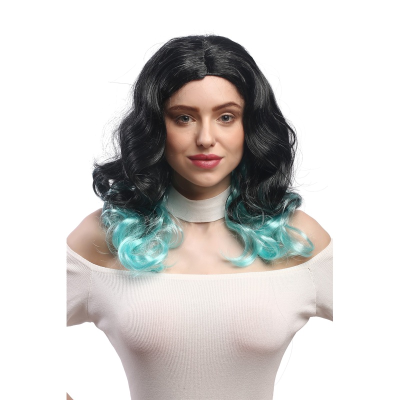 Lady Party Wig Halloween ombre black turquise blue long wavy voluminous DEC185