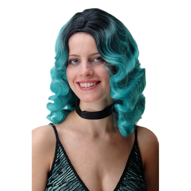 Lady Wig Hollywood Femme Fatale parting wavy long ombre black turquoise GFW1860