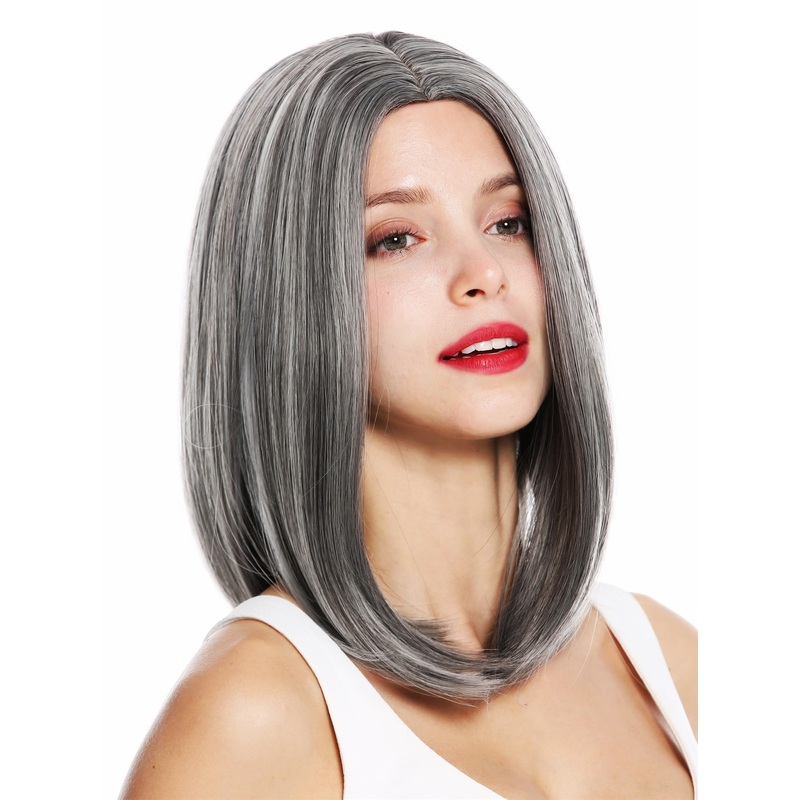 Lady wig shoulder length sleek middle parting grey mottled highlights 1960
