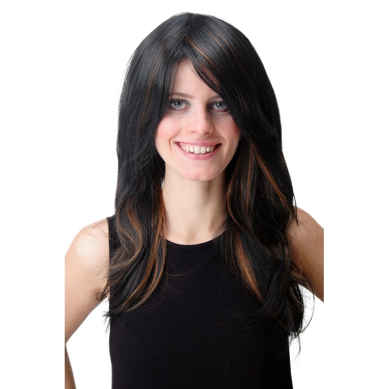 Lady Women Wig Bob long voluminous straight streaked chestnut brown mix ZL172