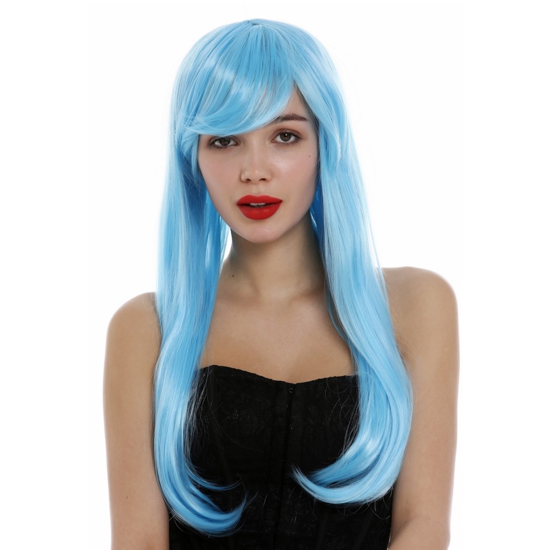 Lady women wig long sleek haoir side-parted fringe light blue cosplay 0825
