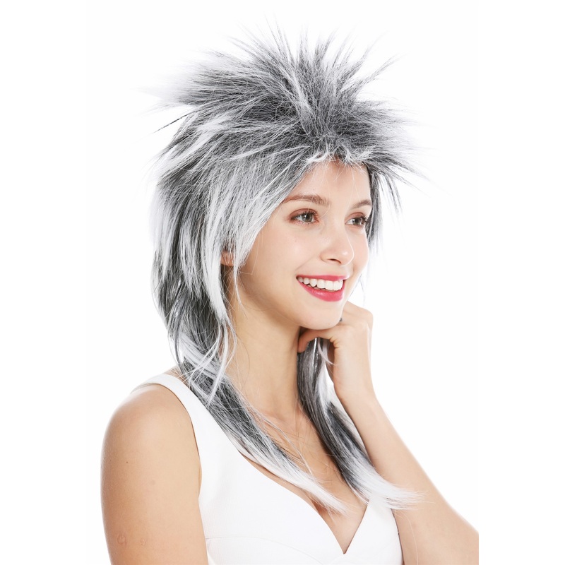 Party wig carnival punk mullet rocker wild 80’s wave long black white DH1069