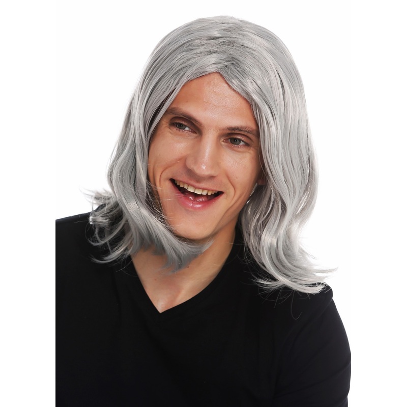 Wig carnival men long middle parting wavy grey old rockstar cool grandpa 3056