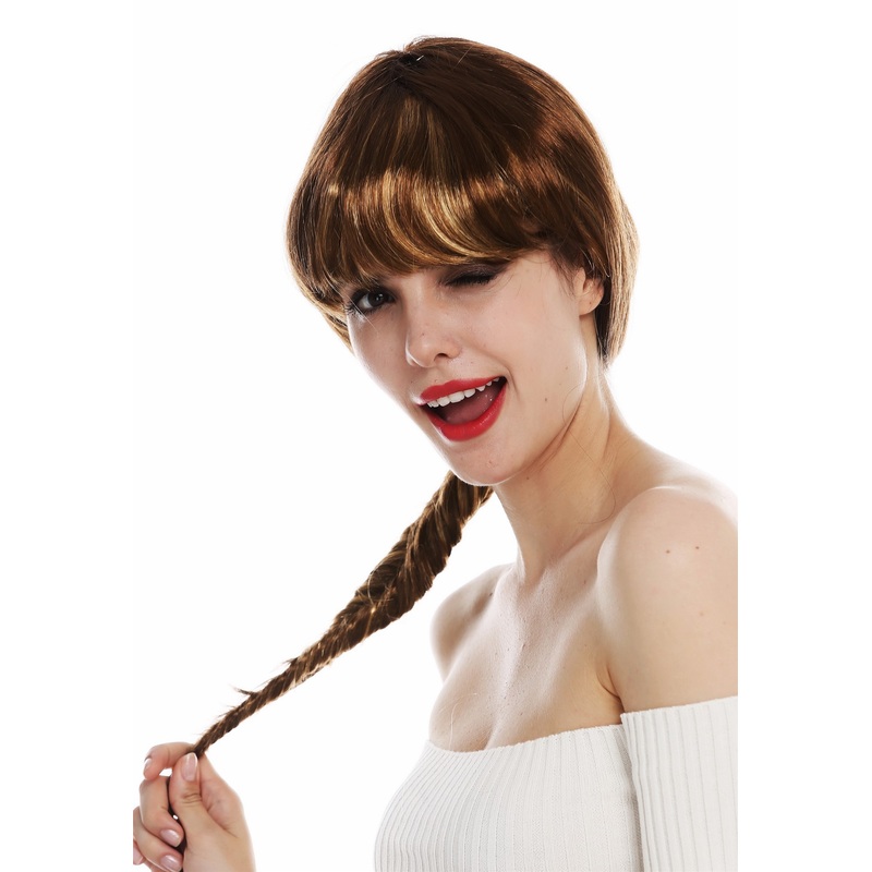 Wig women lady Halloween brown braided plaited ponytail blonde highlights 31820