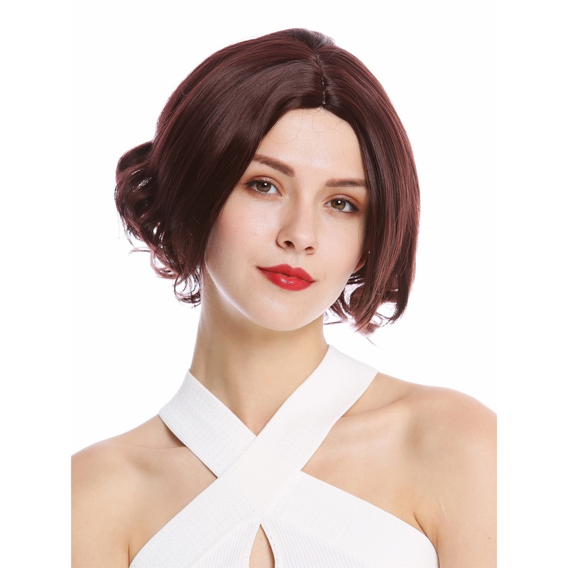 Lady wig short Longbob Bob middle parting wavy mahogany brown auburn YZF-4359
