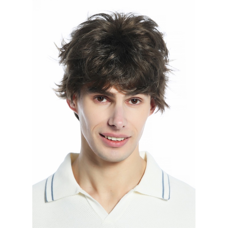 Wig Men Women short wild unkempt 80s retro style medium brown brunette M-252A