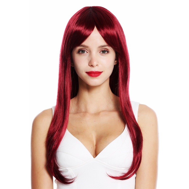 Women’s wig long straight slightly waved long fringe parted red burgundy VK-30