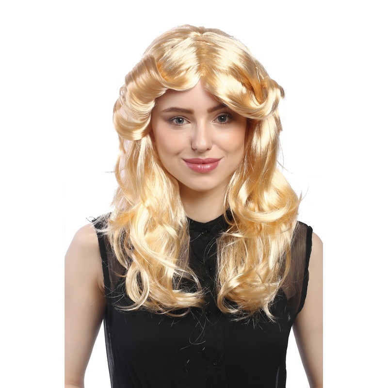 Lady Party Wig Halloween golden blond wavy 70s style middle-parting 90682