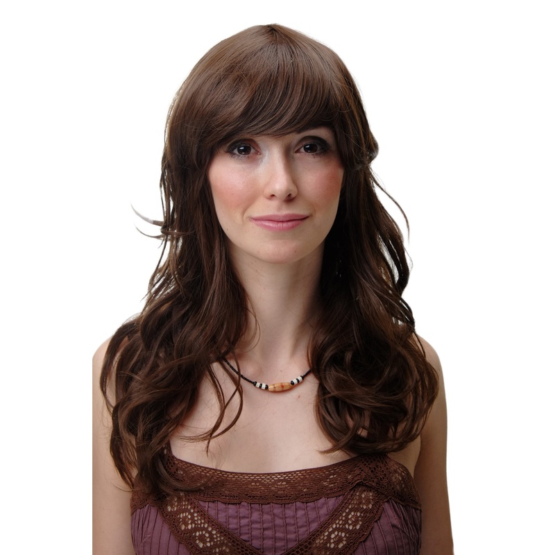 Lady Women Wig Curls Curled Long Bangs Fringe Medium Brown YZF-41054-8