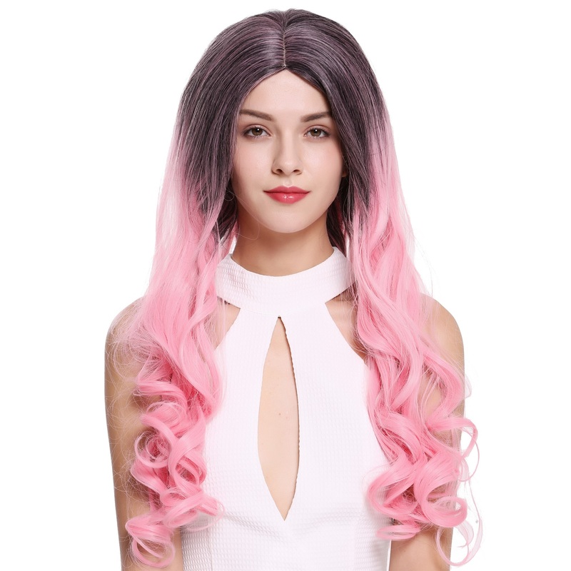 Lady Women Wig Long Smooth Curled Tips Middle-Parting Ombre Black Pink ZM-1707