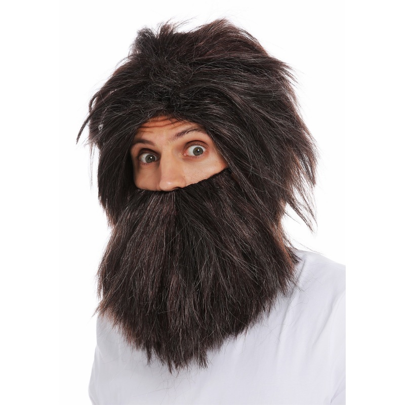 Wig & beard set men man wild prehistoric neanderthal brown grey mottled 6090A+B