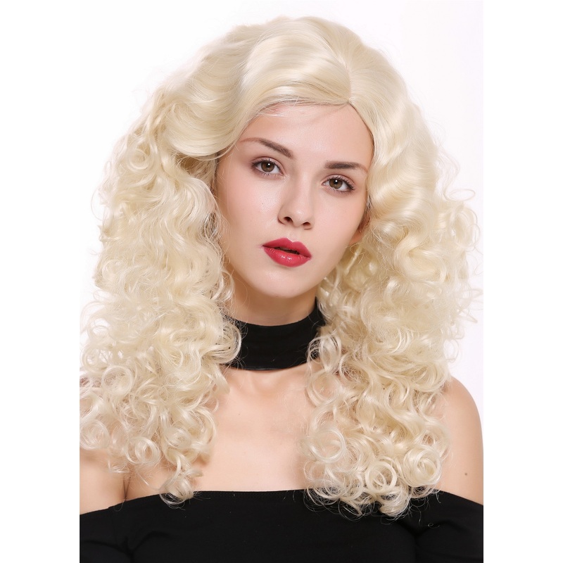 Women’s wig lady long voluminous side parting curls pomp platinum blonde 1355AB