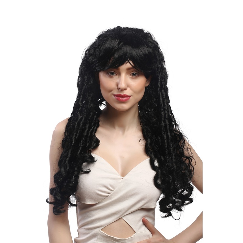 Lady Party Wig very long black dense baroque almost rasta style curls bangs 3069