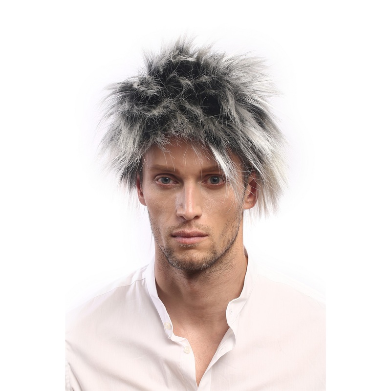 Man Lady Party Wig 80s Punk Wave Black & Platinum Spiky Backcombed short 60287
