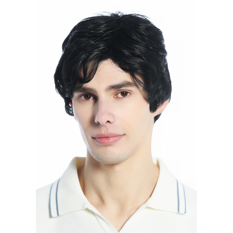 Wig Men Women unisex short parting wavy unruly cool unkempt look black DW94A