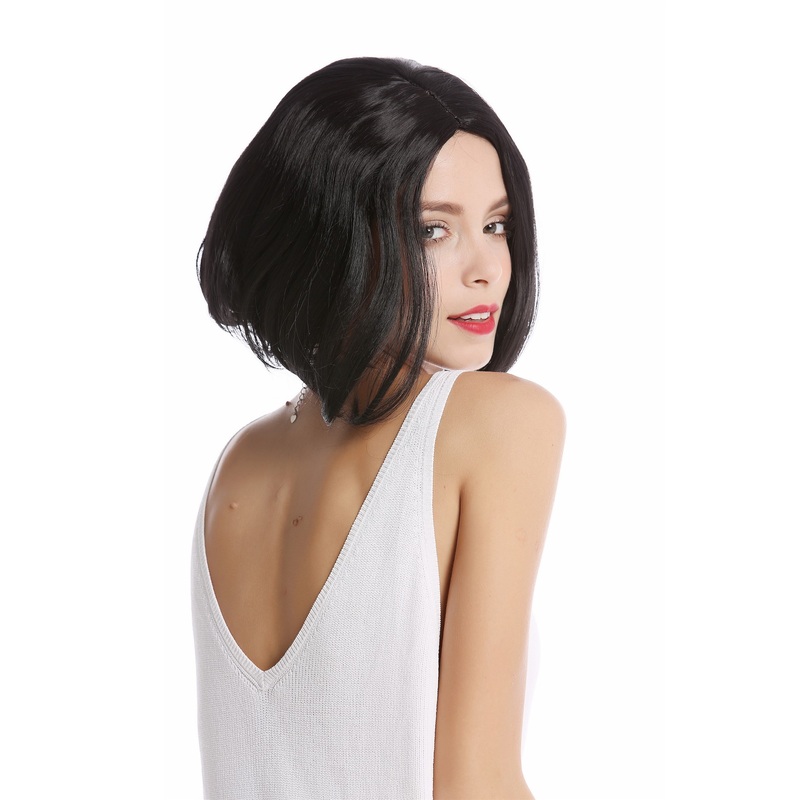 Lady Wig short shoulder length Bob Longbob straight middle-parting black curved tips YZF-4378