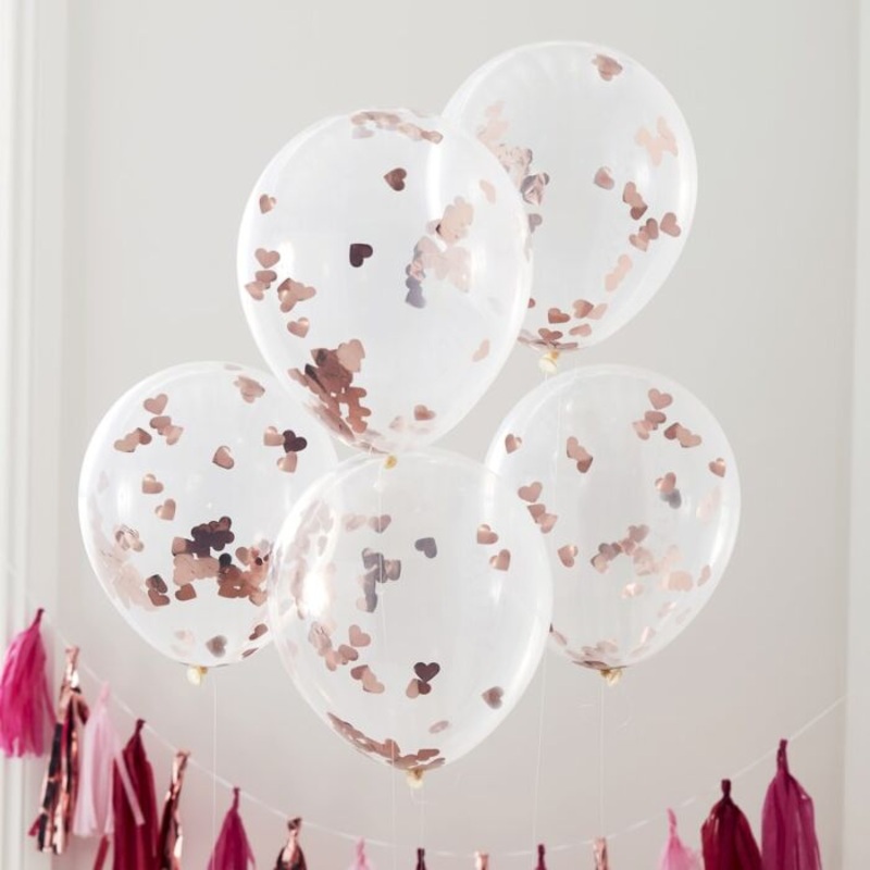 Rose Gold Heart Shaped Confetti Balloons – 5 Pack