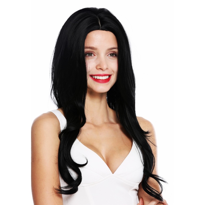 Women’s wig lady long slightly waved middle parting deep black LC128