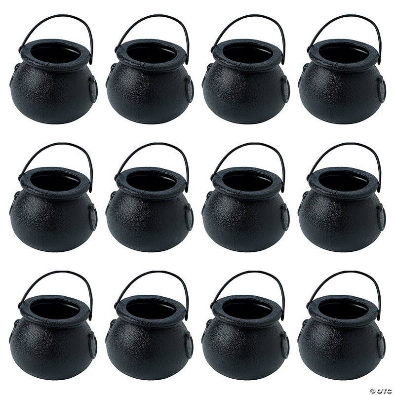 BPA-Free Black Cauldron Plastic Candy Buckets with Handle – 12 Pc.