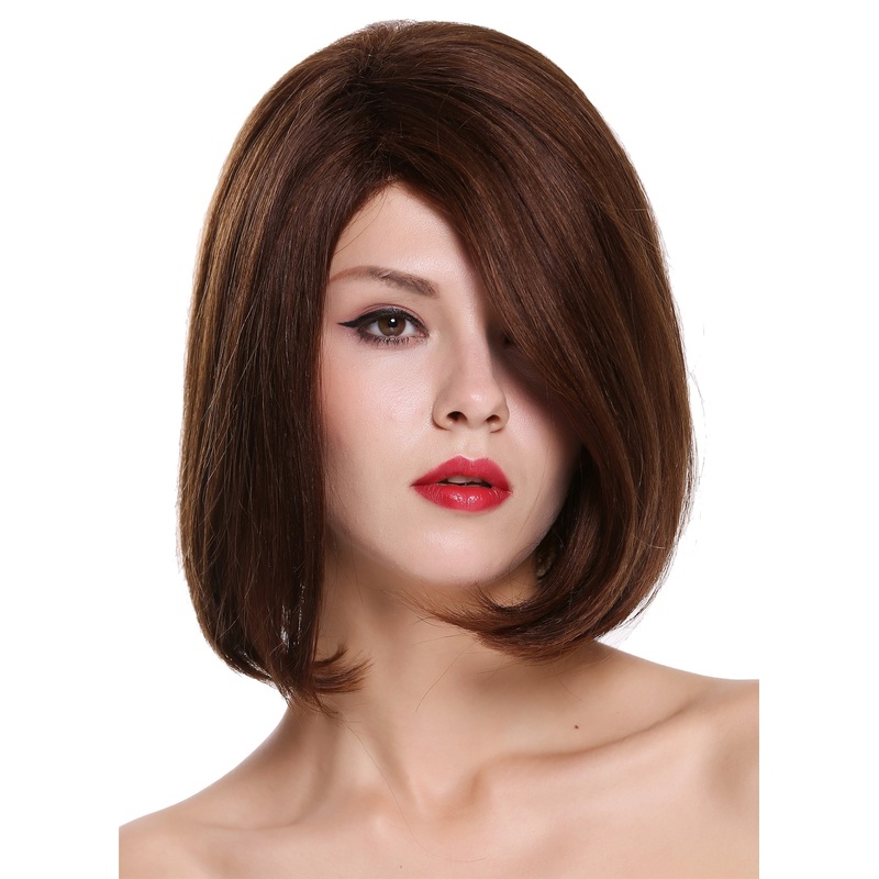 Lady wig human hair short long bob parted sleek maroon brown mix RGH-6996-HH