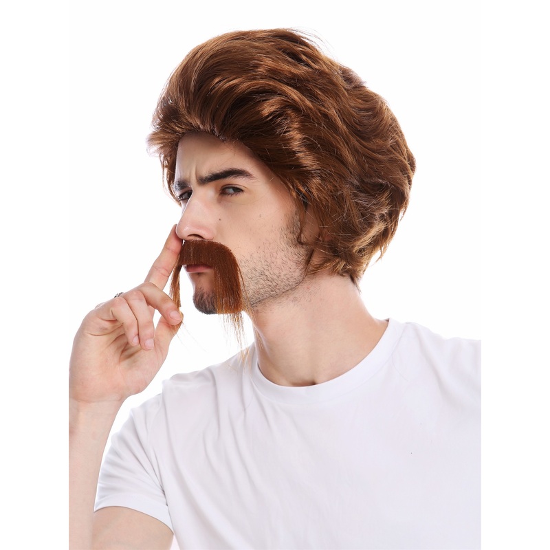 Wig & long Mustache Set Men Gaul Hun 70s Cop Detective Pimp brown 0025