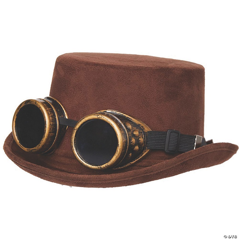 Adults Brown Faux Suede Steampunk Hat with Gold Goggles