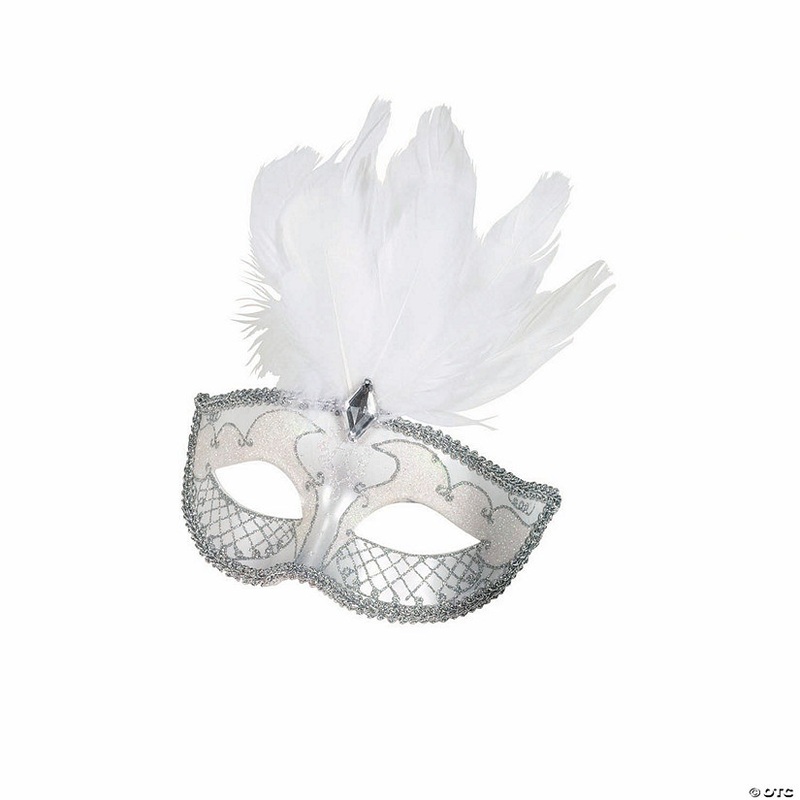Adults White Plastic Carnival Mask with Jewel & Feathers – One Size