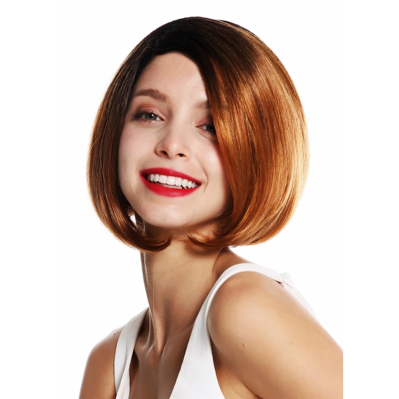 Lady wig short Bob style parting sleek straight ombre black reddish blonde VK-29