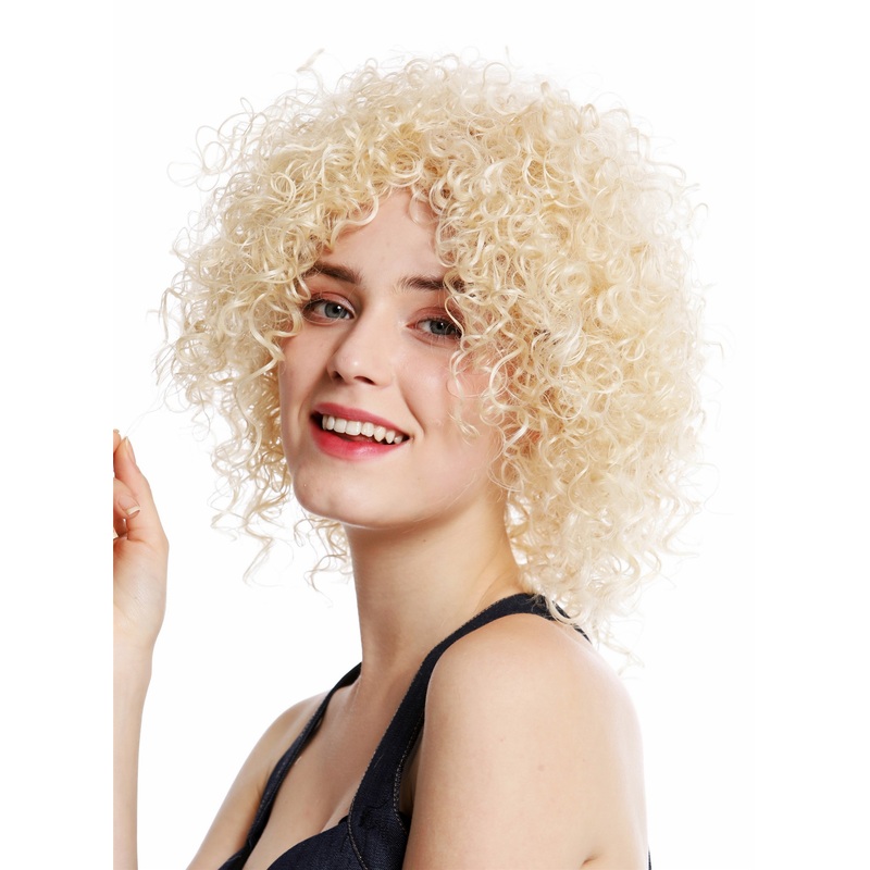 Women’s wig lady short voluminous frizzy curly curls bright blonde mix VK-11