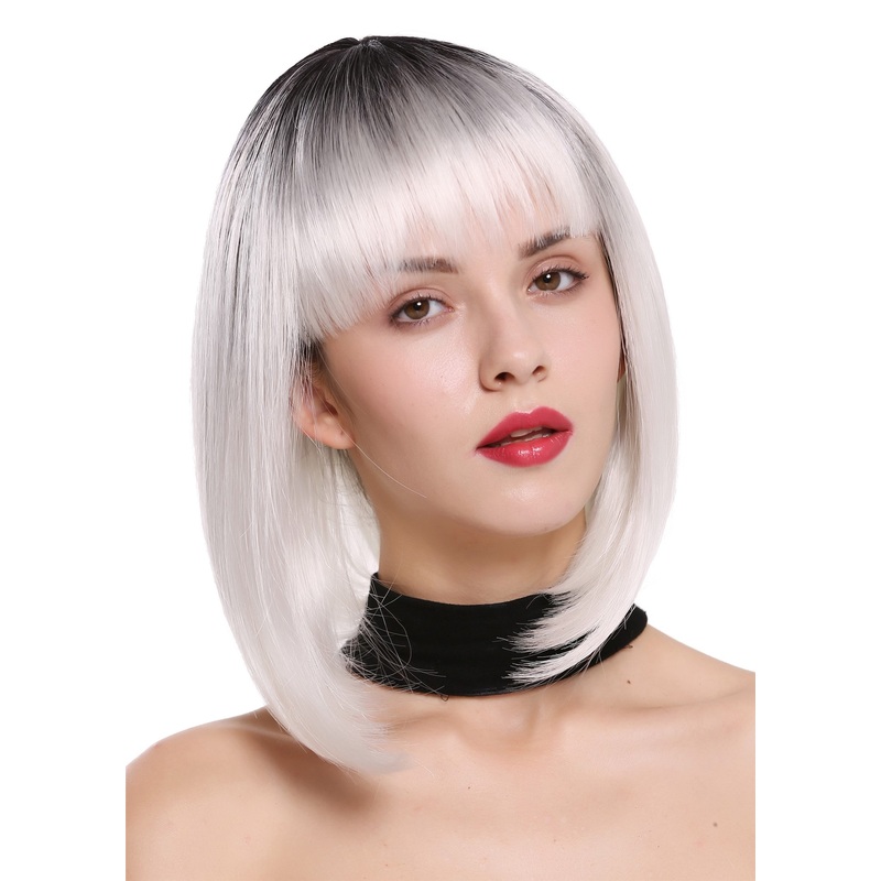 Lady wig Bob Longbob short sleek straight fringe bangs ombre black white DW2140Q