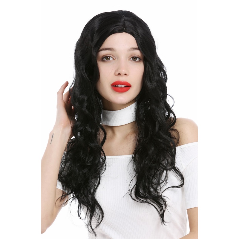 Lady women wig long wavy waved slightly curled middle parting black YZF-4072