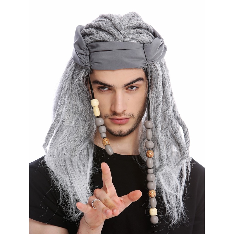 Pirate Wig Bandana Men Women long wild dreadlocks rasta old aged gray grey 91531