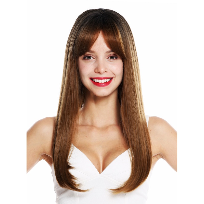 Women’s  wig long sleek fringe parted brown mix highlights 1923-8A/27
