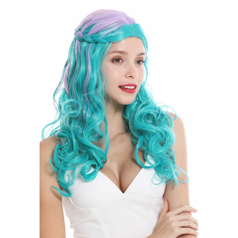 Lady wig fairytale cosplay long middle parting plaited green purple pink GFW3497
