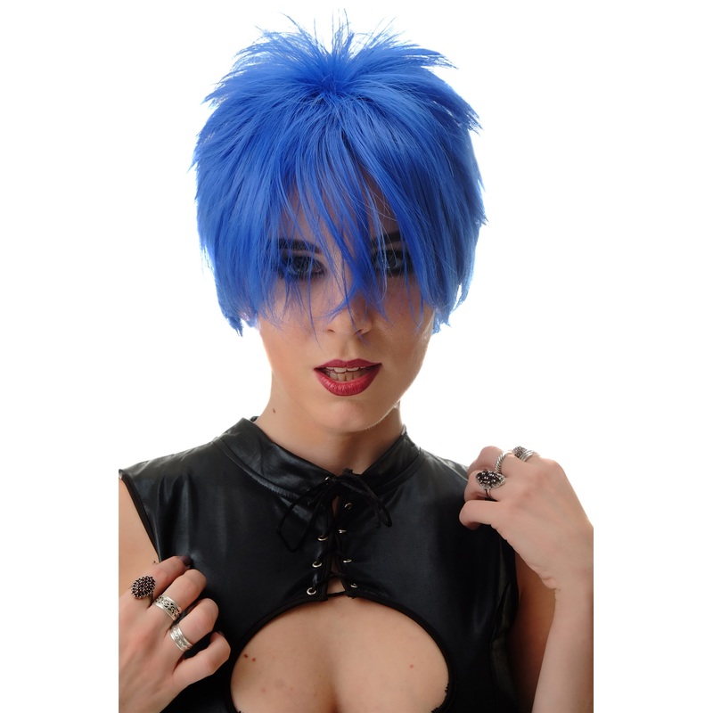 Lady woman wig short naughty retro spiky 80s style teased Wave Punk blue BLUE144